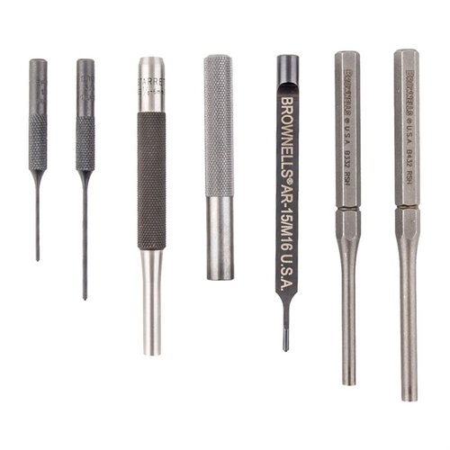 Sada 7 kusů AR-15 LOWER PUNCH SET od BROWNELLS umožňuje bezpečné odstraňování pinů bez poškození povrchu zbraně, včetně speciálních nástrojů pro různé úkoly.