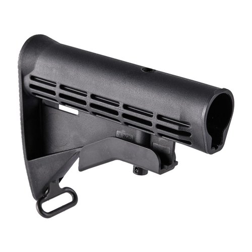 Brownells M4 adjustable buttstock offers military-grade durability, ribbed design for grip, includes sling swivel, and fits Mil-Spec buffer tubes for versatile use.
