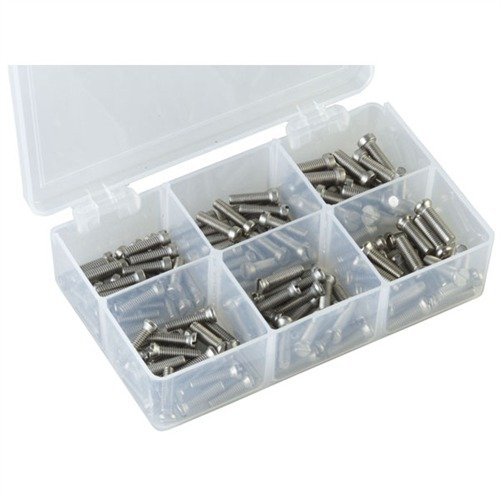 Kvalitní sada nerezových šroubů pro montáž, obsahující 24 šroubů ve 6 stylech/směrech, ideální pro Ribs, Rings a Bases. Délka 1/2" pro snadné přizpůsobení.