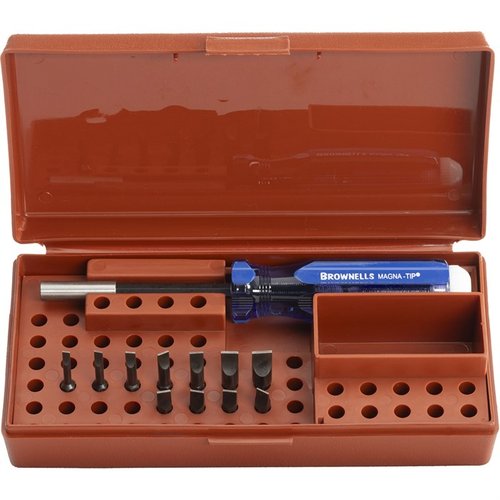 Brownells STANDARD MAGNA-TIP® SETS nabízejí široký výběr výměnných bitů, ergonomickou rukojeť a odolnou konstrukci pro přesnou údržbu zbraní.