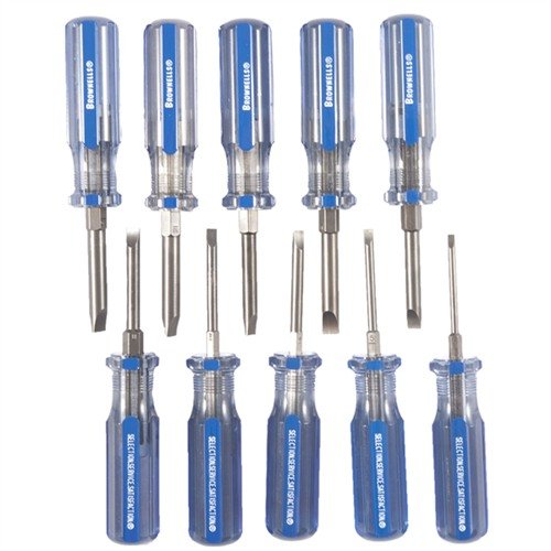 Brownells Fixed-Blade Screwdriver Sets feature hardened steel construction, parallel-ground blades for precision, and ergonomic handles for comfort during gunsmithing.