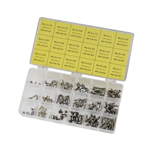 Unplated Steel Flat Head Wood Screw Kit offers versatility for browning or bluing without grinding off plating, featuring 12 sizes in a clear bench box.
