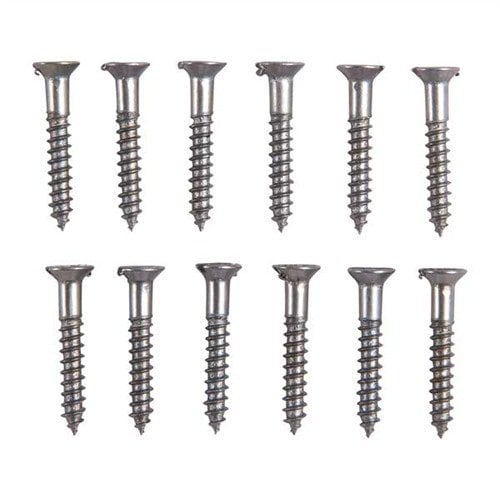 Unplated steel flat head wood screws are perfect for browning or bluing, with no plating to grind off. Comes in a clear box, U.S. made, fits standard countersinks.
