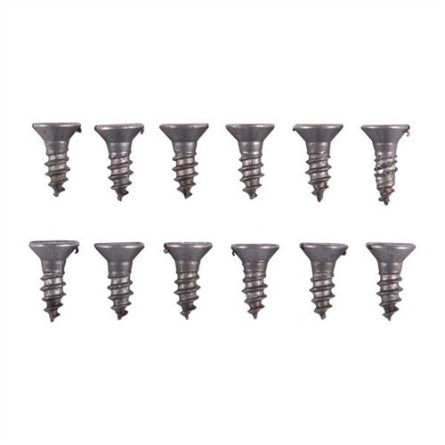 Unplated steel flat head wood screws in a 12-pack, perfect for browning or bluing without grinding off plating, made in the USA for standard countersinks.