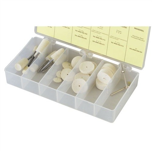 FELT BOB POLISHING KIT offers 24 felt bobs in 8 popular sizes for efficient polishing of odd shapes and hard-to-reach areas, perfect for gunsmithing.
