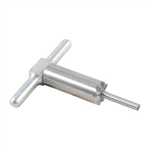 Hardened steel 90° muzzle facing cutter squares and repairs muzzles, includes handle and pilot in a durable box; interchangeable pilots for various calibers.