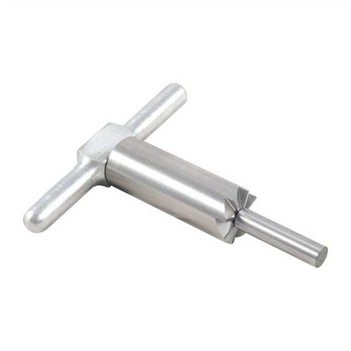 Hardened steel 90° muzzle facing cutter squares and repairs muzzles, includes handle and pilot, with interchangeable options for various calibers.