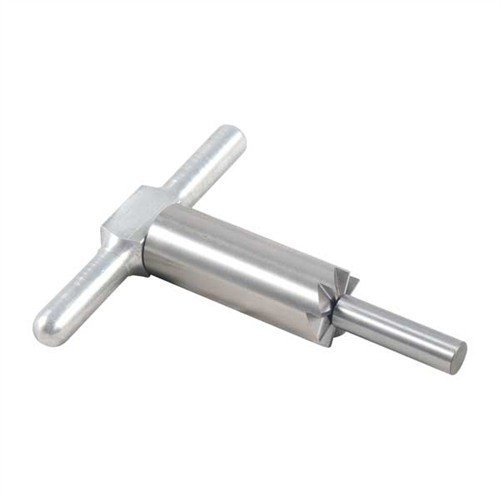 Hardened steel 90° muzzle facing cutter squares and repairs muzzles, includes handle and pilot, with interchangeable options for various calibers.