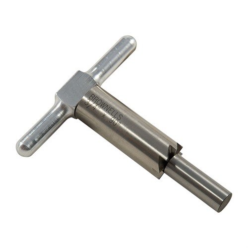 Hardened steel 90° muzzle facing cutter squares and repairs muzzles, includes handle and pilot; interchangeable for multiple calibers, compactly packaged.