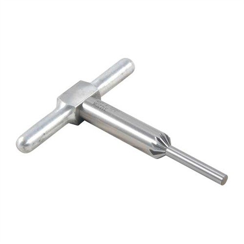 45° chamfering cutter for clean bullet exits and faster revolver reloads; includes cutter, handle, and interchangeable pilot in a durable polypropylene box.