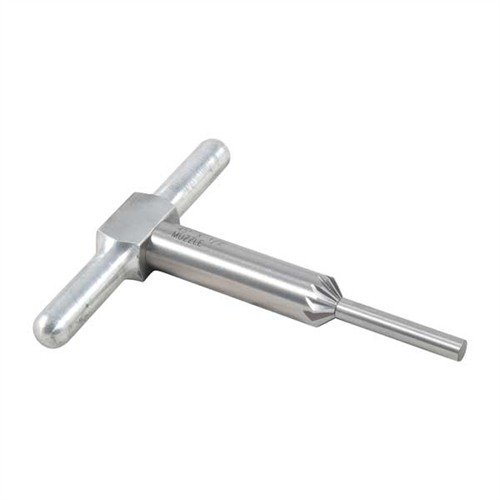 45° chamfering cutter smooths rifle & handgun muzzles for clean bullet exits and speeds up revolver reloads; includes cutter, handle, and pilot in a box.