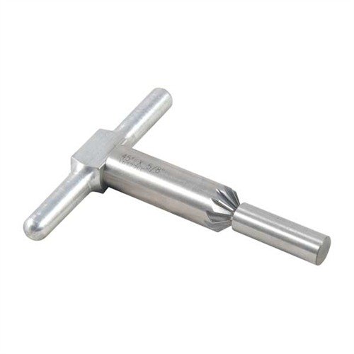 45° chamfering cutter for clean bullet exits and faster revolver reloads; includes cutter, handle, and pilot in a durable box. Interchangeable pilots for versatility.