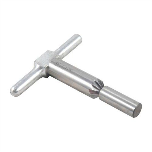 45° chamfering cutter for clean bullet exits and faster revolver reloads; includes cutter, handle, and pilot in a durable box, with interchangeable pilots available.