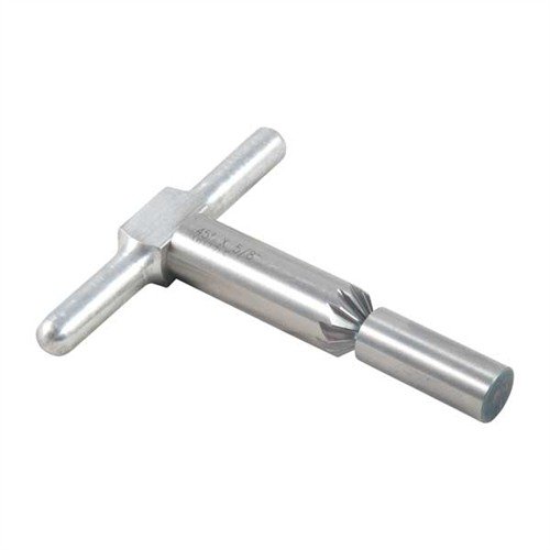 45° chamfering cutter for clean bullet exits and faster revolver reloads; includes cutter, handle, and pilot in a durable box, with interchangeable pilots for various calibers.
