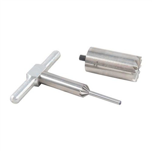 Set includes 90° facing and 45° chamfering cutters for precise muzzle work, plus interchangeable steel bore pilot for multiple calibers - essential for gunsmithing.