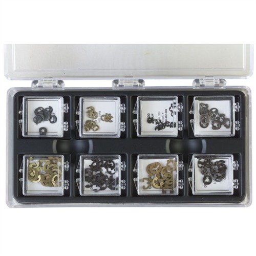 E-CLIP KIT offers 160 clips in 8 sizes for quick repairs on popular firearms, saving time and money while keeping your shop stocked and efficient.