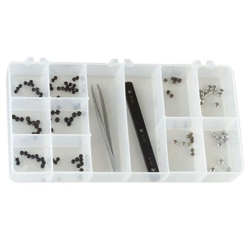 Praktická sada šroubů pro zaslepování otvorů na zbraních, snadné použití, včetně tweezers a jig pro rychlé úpravy délky šroubů.