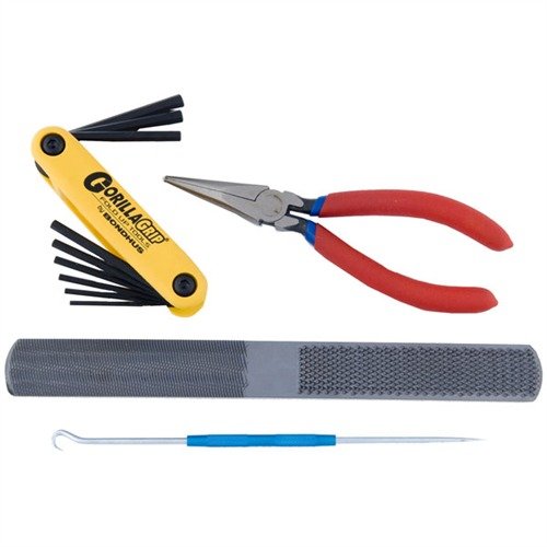 Brownells Basic Gunsmithing Add-On Pack No. 1 offers essential tools like a 4-in-1 Hand Rasp, Scribe Hook, Needle Nose Pliers, and Fold-Up Hex Tools for efficient repairs.