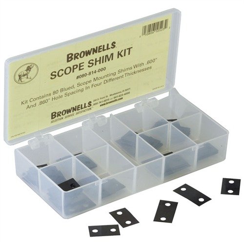 SCOPE SHIM KIT od BROWNELLS nabízí kompletní výběr ocelových shimů pro dokonalé zarovnání montáže a puškohledu, s různými tloušťkami a roztečemi.