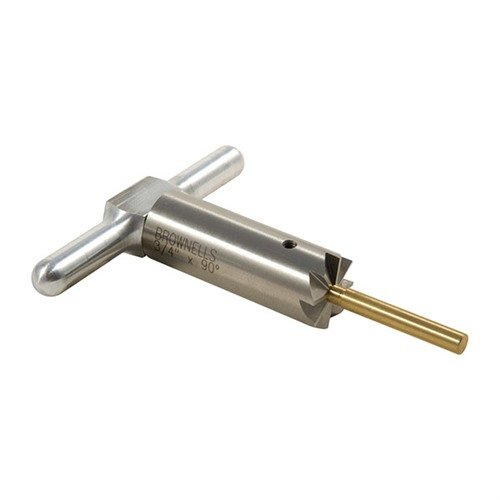 Hardened steel 90° muzzle facing cutter squares and repairs muzzles; includes cutter, handle, and brass pilot in a durable box. Extra pilots available.