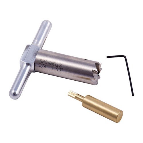 Hardened steel 90° muzzle facing cutter repairs and squares muzzles, includes interchangeable brass pilot and handle, all in a durable box for easy use.