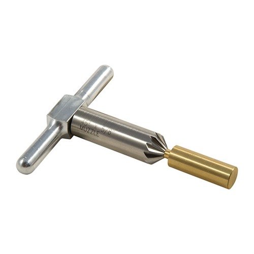 45° chamfering cutter for clean bullet exit and quick revolver reloads; includes cutter, handle, and interchangeable brass pilot in a durable box.