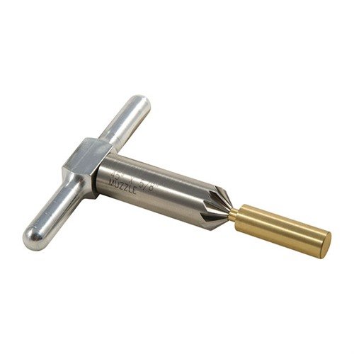 45° chamfering cutter for clean bullet exits and faster revolver reloads, includes cutter, handle, and pilot in a durable box; pilots for various calibers available.