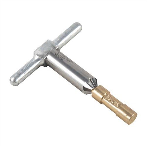 45° chamfering cutter for clean bullet exits and faster revolver reloads; includes cutter, handle, and brass pilot in a durable polypropylene box.