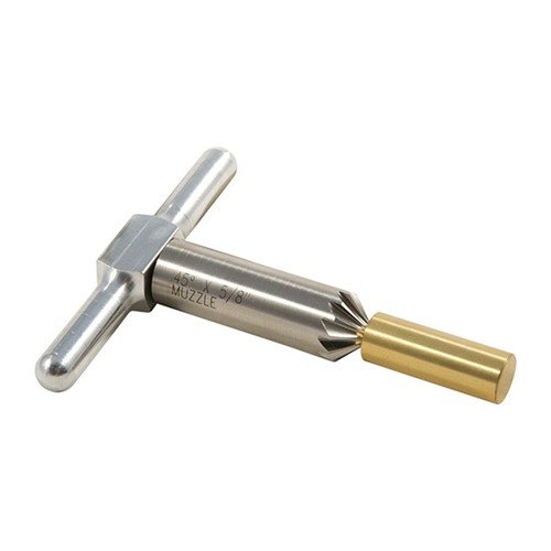45° chamfering cutter for clean bullet exits and faster revolver reloads, includes interchangeable brass pilot and handle, packaged in a durable box.
