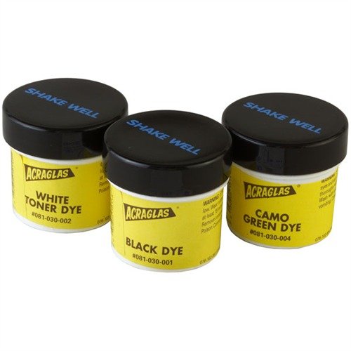 ACRAGLAS Dyes mix seamlessly with epoxy for true color; perfect for stock bedding, crack repair, and matching fiberglass stocks with Camo Paints.