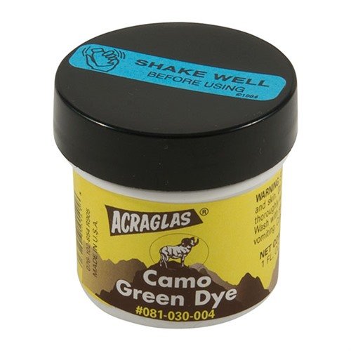 ACRAGLAS Dyes mix seamlessly with epoxy for true colors, perfect for stock bedding, crack repair, and matching fiberglass stocks with Camo Paints.