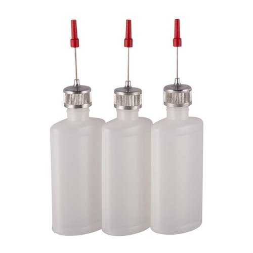 Polyethylene needle oiler bottles with steel tube deliver precise amounts of oil or solvent, preventing waste and leaks; flexible design for easy viewing and metering.