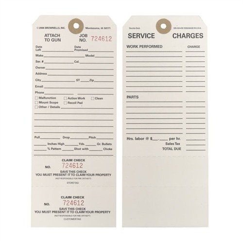 DOUBLE STUB CLAIM CHECKS ensure precise tracking of firearms in repair, reducing mix-ups with two numbered stubs for customers and shops, saving space.