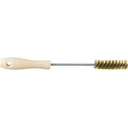 Extra heavy-duty brass bristled brushes effectively remove tough fouling from chambers, featuring solvent-proof handles and a design that clears barrel extensions.