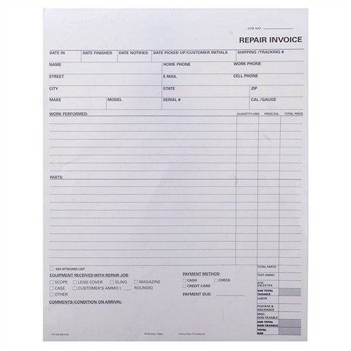 Gunsmith-designed 3-part forms for tracking repairs, easy job tracking, modern impression paper for duplicates, and space for your logo. Perfect for your shop!
