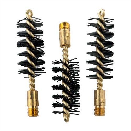 Super-aggressive HEAVY WEIGHT NYLON SHOTGUN BORE BRUSHES with extra-stiff bristles safely clean stubborn deposits on rifling and smoothbore surfaces.