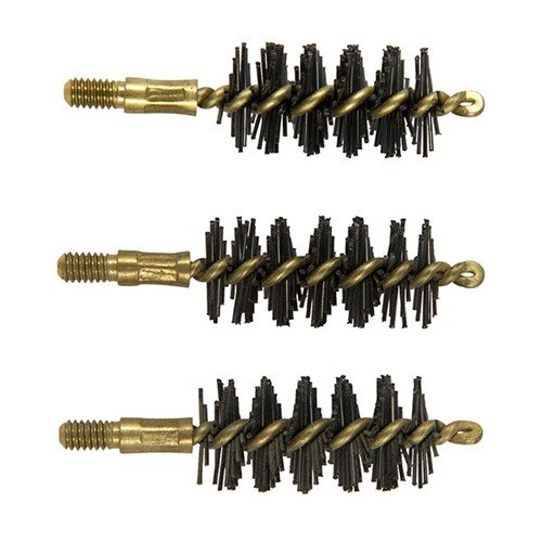 HEAVY WEIGHT NYLON HANDGUN BORE BRUSHES effectively remove stubborn deposits with extra-stiff bristles, safe for rifling, and durable brass shank.