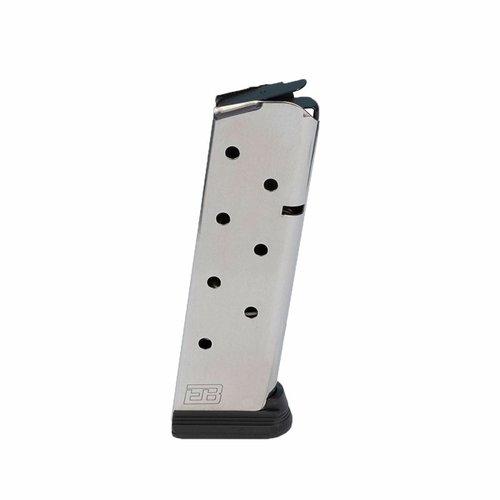 Reliable 8-round magazine with steel follower, heavy-duty spring, and slick finish for easy loading; available in stainless steel or Black Nitride.