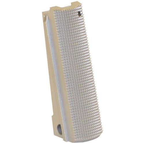 FLAT mainspring housing for 1911 offers secure grip with 25 lpi checkering, fits all full-size models, and enhances control without hand abrasion.