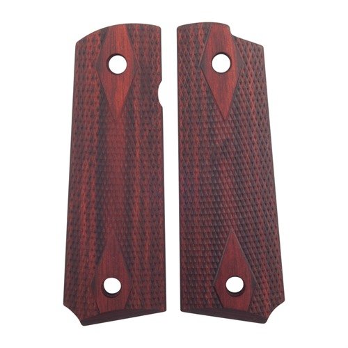 G10 laminate grips mimic natural wood with a checkered 18 lpi pattern for superior grip; flush-cut for magwell use, fits full-size 1911, requires slim bushings.