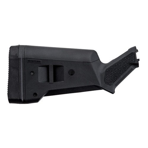 SGA Buttstock for Mossberg 500/590 offers adjustable length of pull, improved grip, recoil reduction, and ambidextrous design for enhanced shooting comfort.