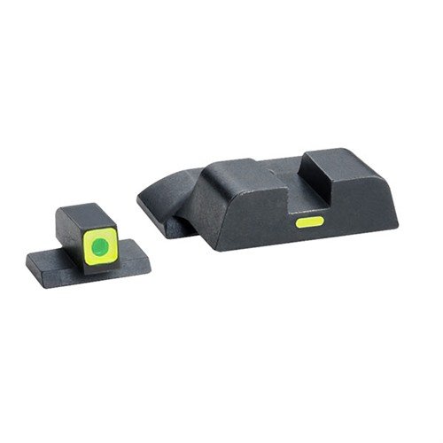 S&W M&P CAP sight set enhances quick target acquisition with tritium front sight and lime-green photoluminescent rear sight, fitting all M&P models except Shield and Pro/Long.