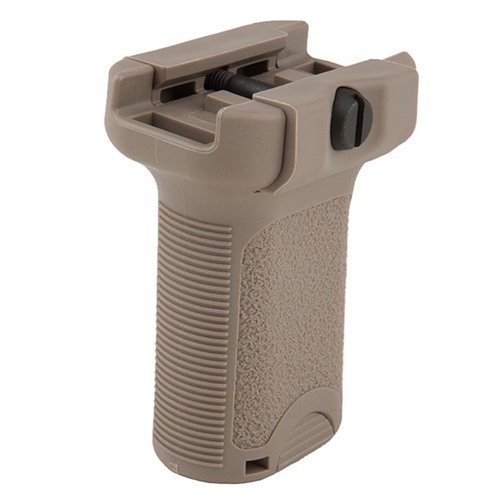 PICATINNY BCMGUNFIGHTER Short Vertical Grip improves weapon control with a natural wrist angle, features a reversible design, and includes a storage compartment.