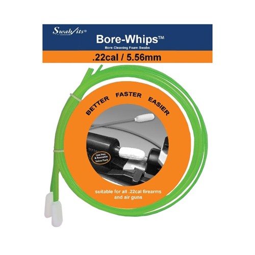 .22 cal Bore-whips™ offer precision cleaning with a pull-thru design, are tough, economical, washable, reusable, and feature a handle that indicates an empty chamber.