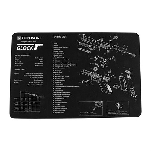 Heavy duty TEK MAT Pistol Gun Cleaning Mat protects your Glock's finish, features an exploded parts diagram, and ensures easy clean-up with non-slip backing.