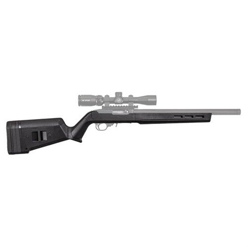 RUGER 10/22 Hunter X-22 stock features durable polymer, adjustable LOP, optimized ergonomics, drop-in design, M-LOK compatibility, and a non-slip butt-pad.