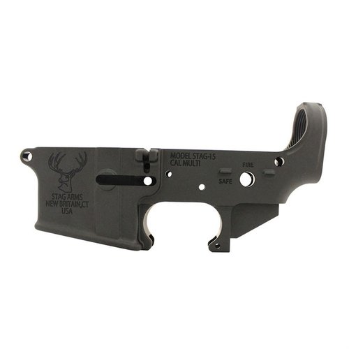AR-15 Stripped Lower Receiver from Stag Arms, crafted from durable 7075 T6 aluminum, featuring Mil-spec pin sizes for reliable performance and precision.