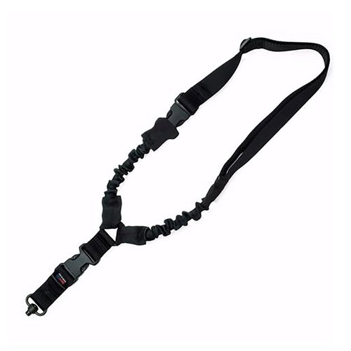 GrovTec's Single Point Tactical Bungee Sling features elastic shock cords for impact absorption, easy attachment, and quick-release buckles for smooth transitions.