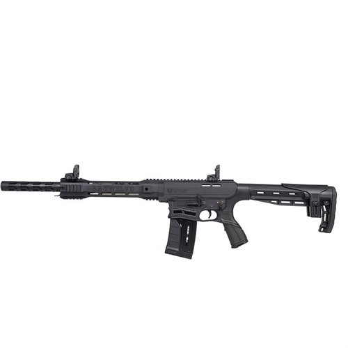 AR-12 offers AR-15-like control, ergonomic design with polymer furniture, built-in recoil pad, quad rail, and compatibility with 2 3/4
