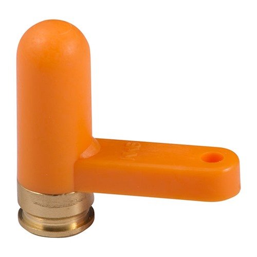 SAF-T-ROUND for 9MM offers visible proof of a safe firearm with its bright orange tab, durable nylon polymer, and brass head for easy action operation.